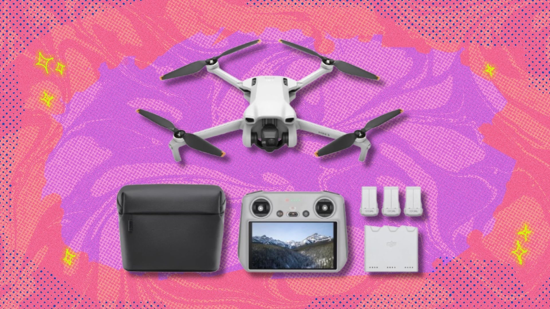the DJI Mini 3 Fly more combo with DJI RC on a pink background