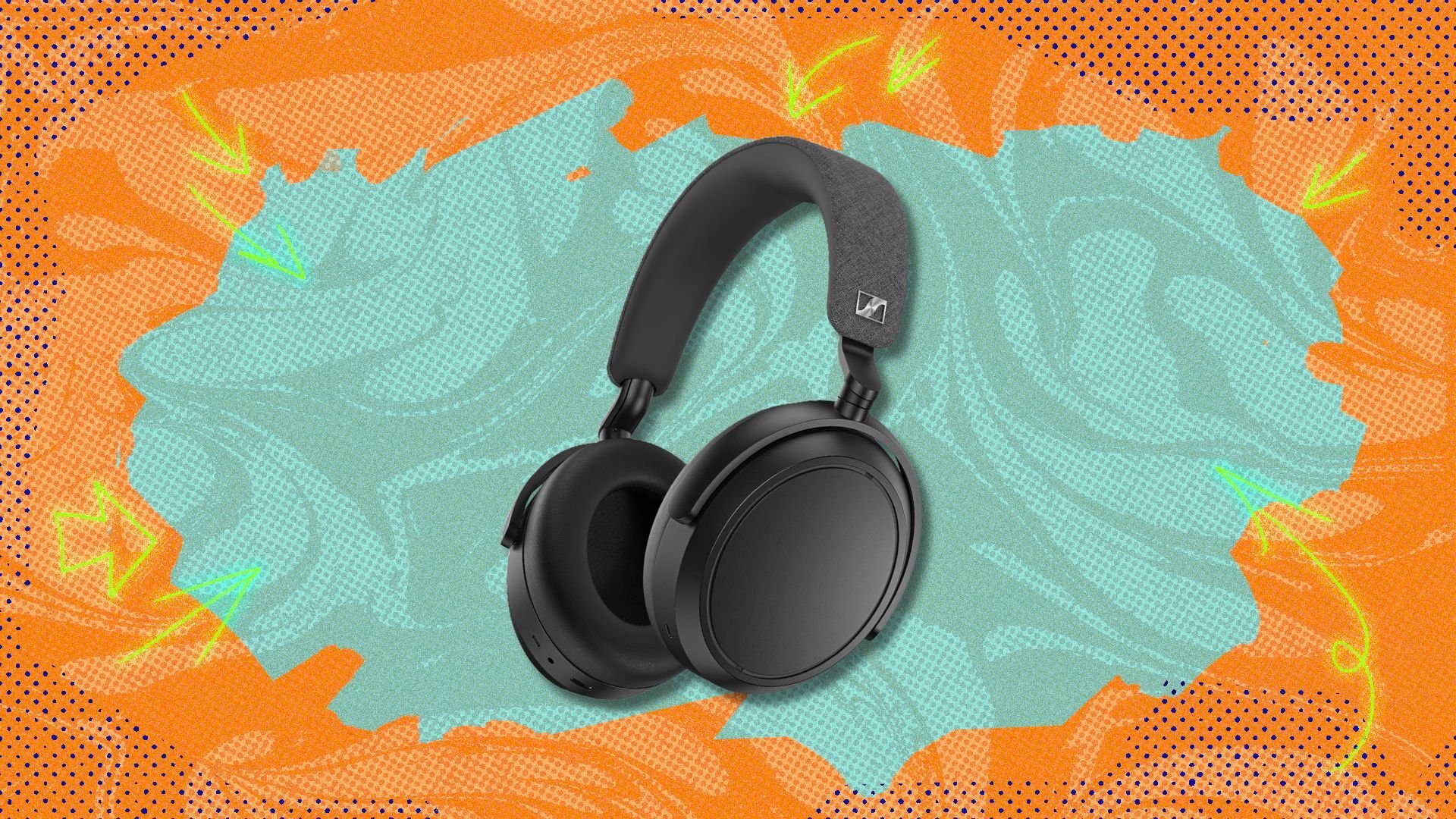 sennheiser momentum 4 headphones against an orange and blue patterned background