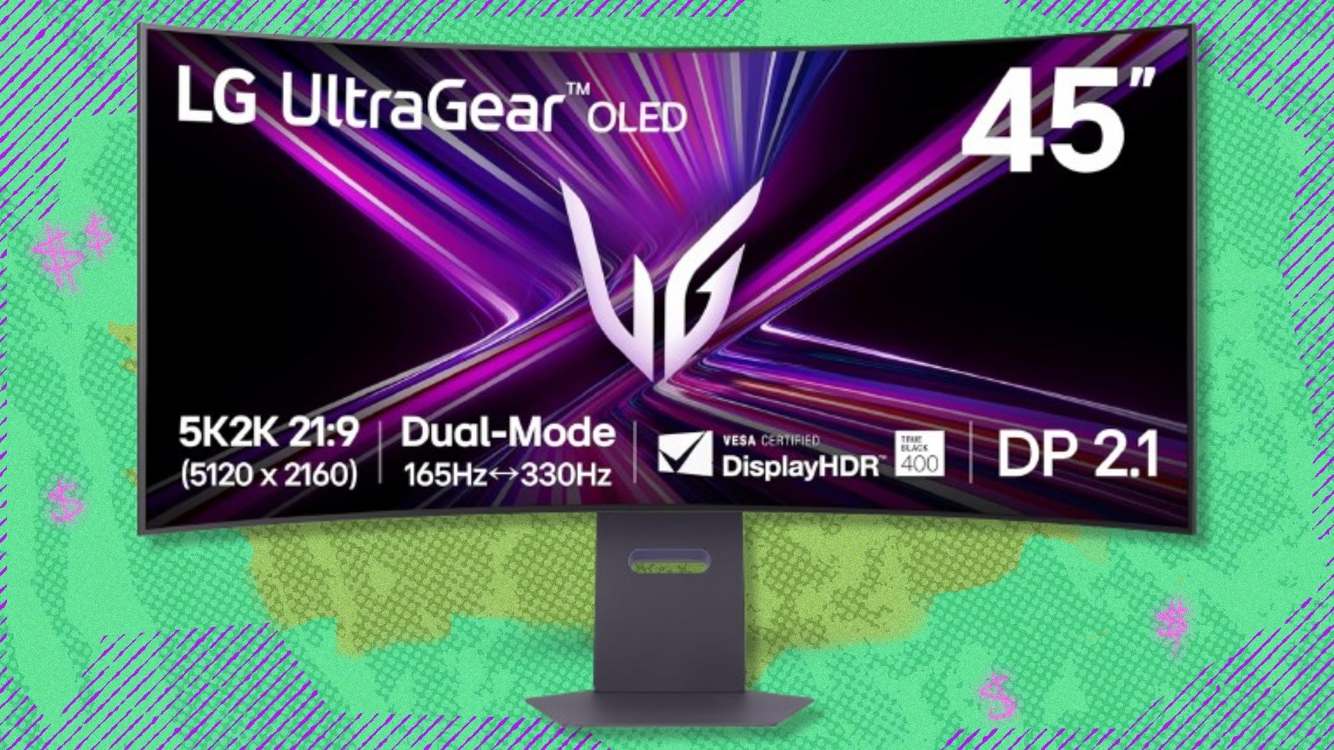 The LG OLED curved 45-inch UltraGear gaming monitor on a green and purple background