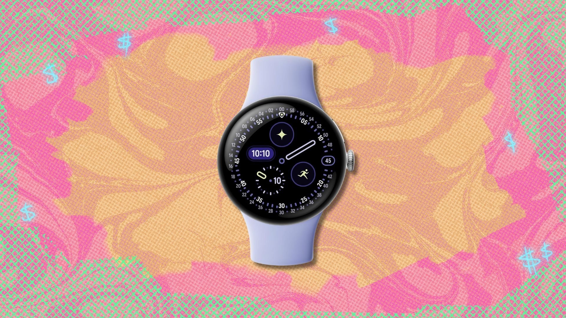 google pixel watch 4 against a yellow, pink, and green patterned background