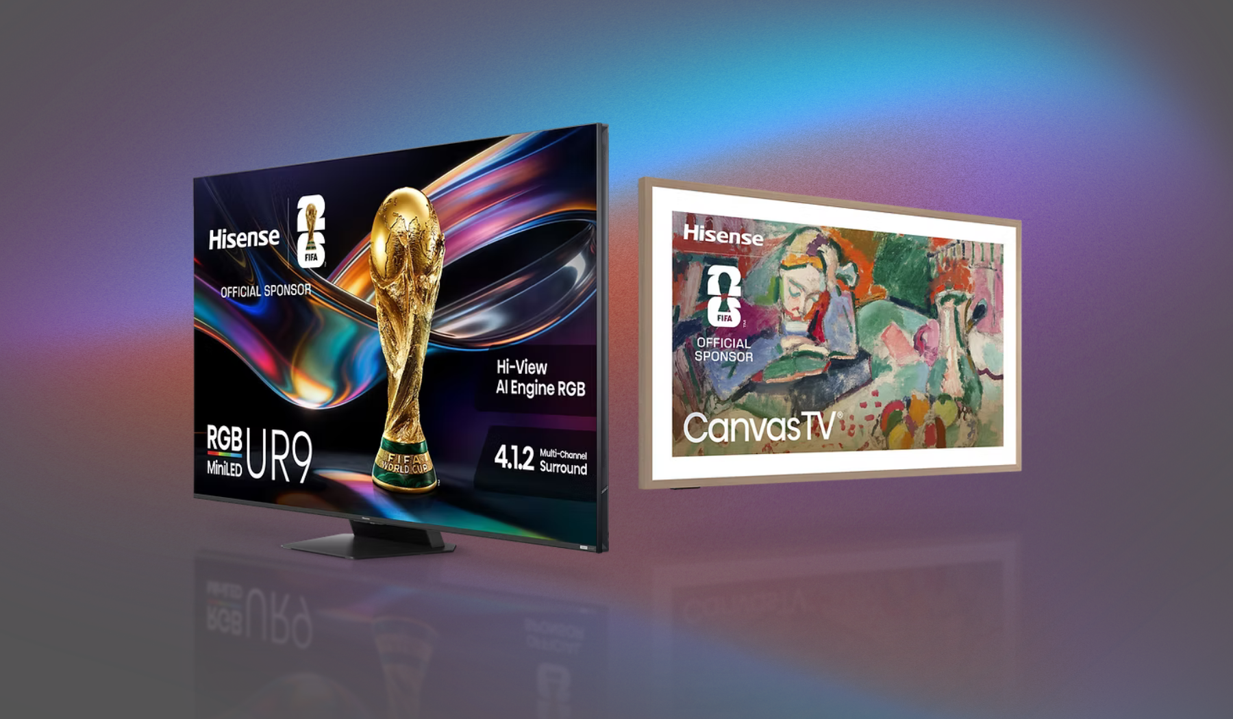 Hisense UR9 TV and Hisense Canvas TV arranged on gray, blue, and purple backdrop