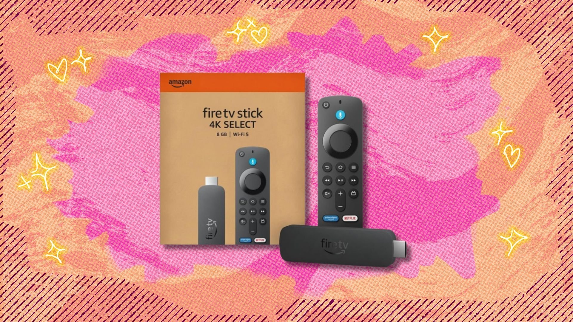 the Amazon Fire TV Stick 4K Select on a pink and orange background