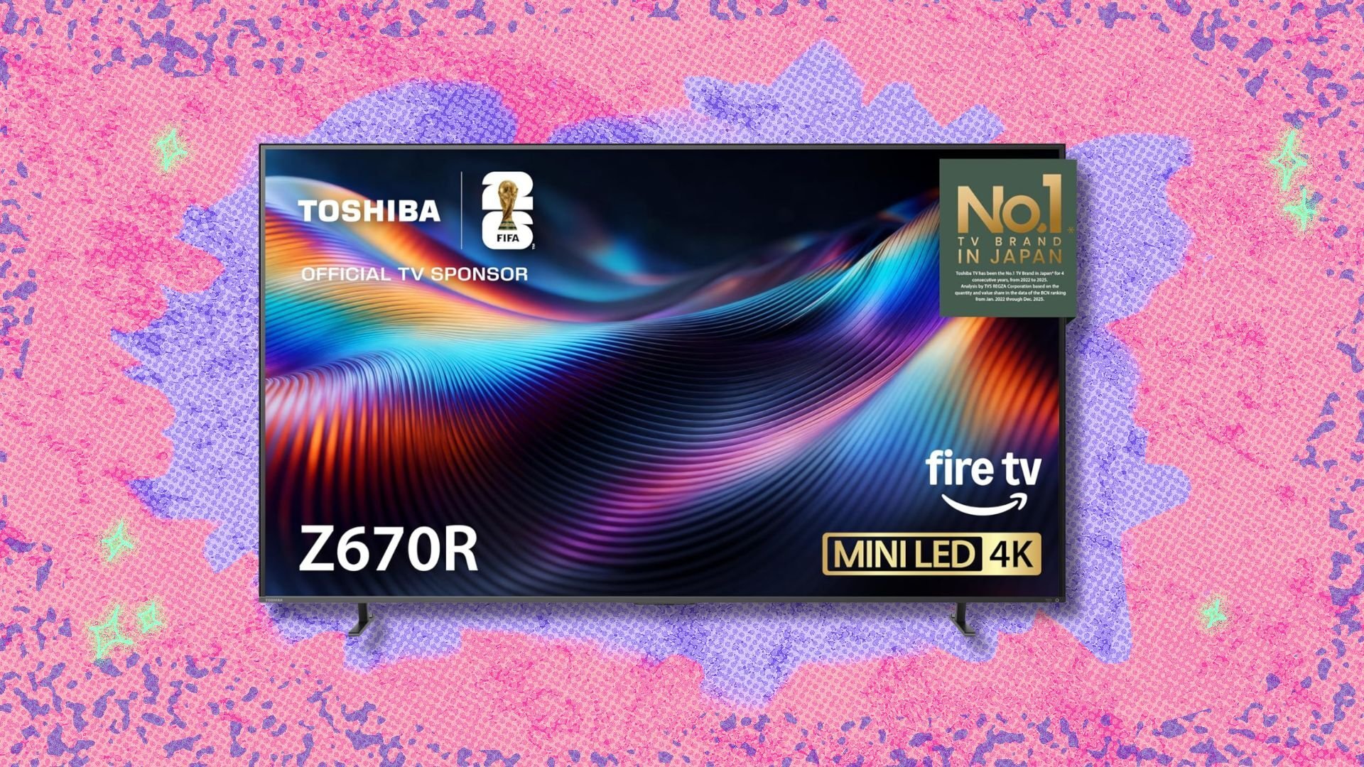toshiba 100-inch z670 series mini-led 4k tv against a pink and purple patterned background