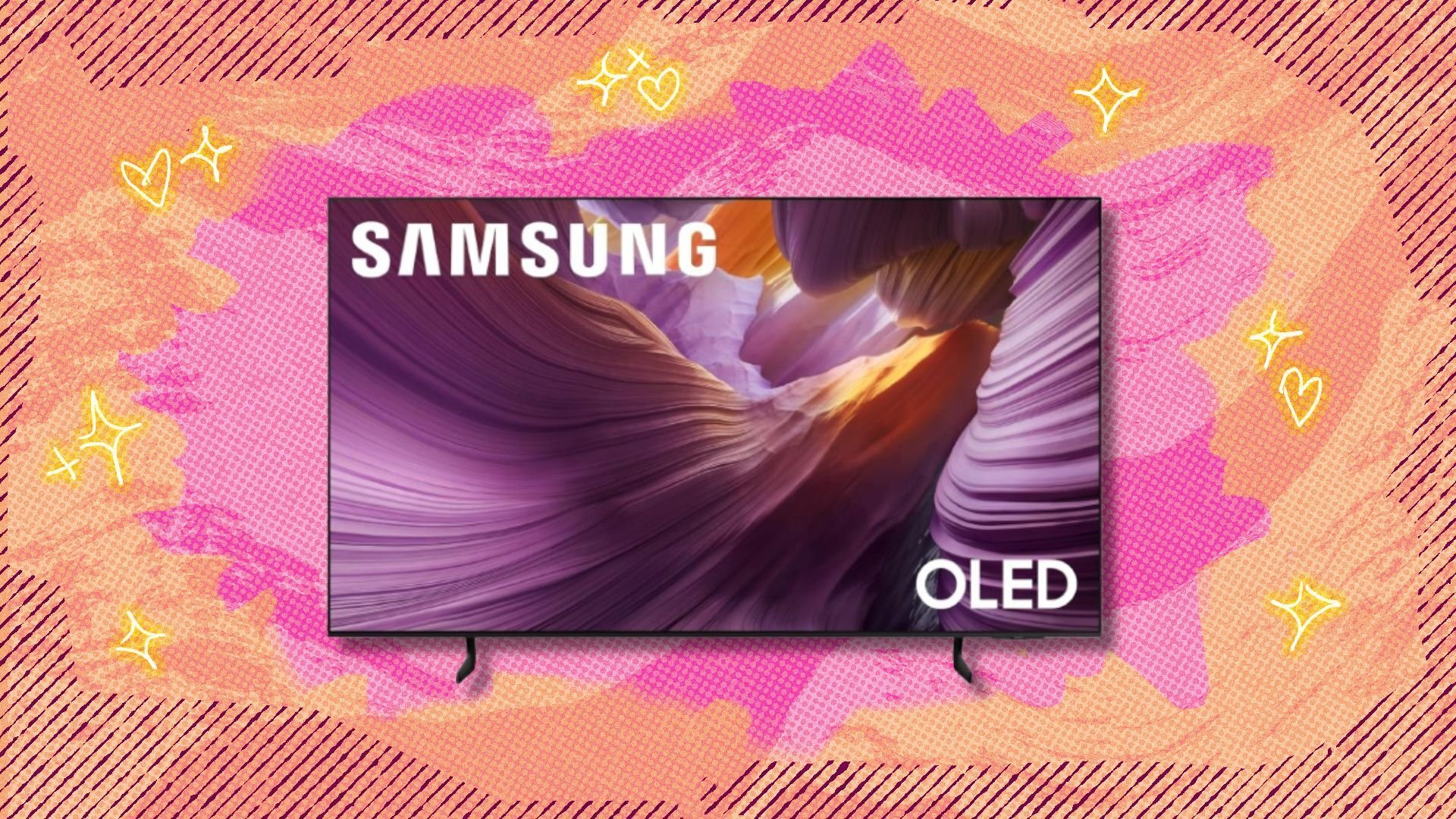 the 55-inch Samsung OLED 4K TV on a pink and orange background