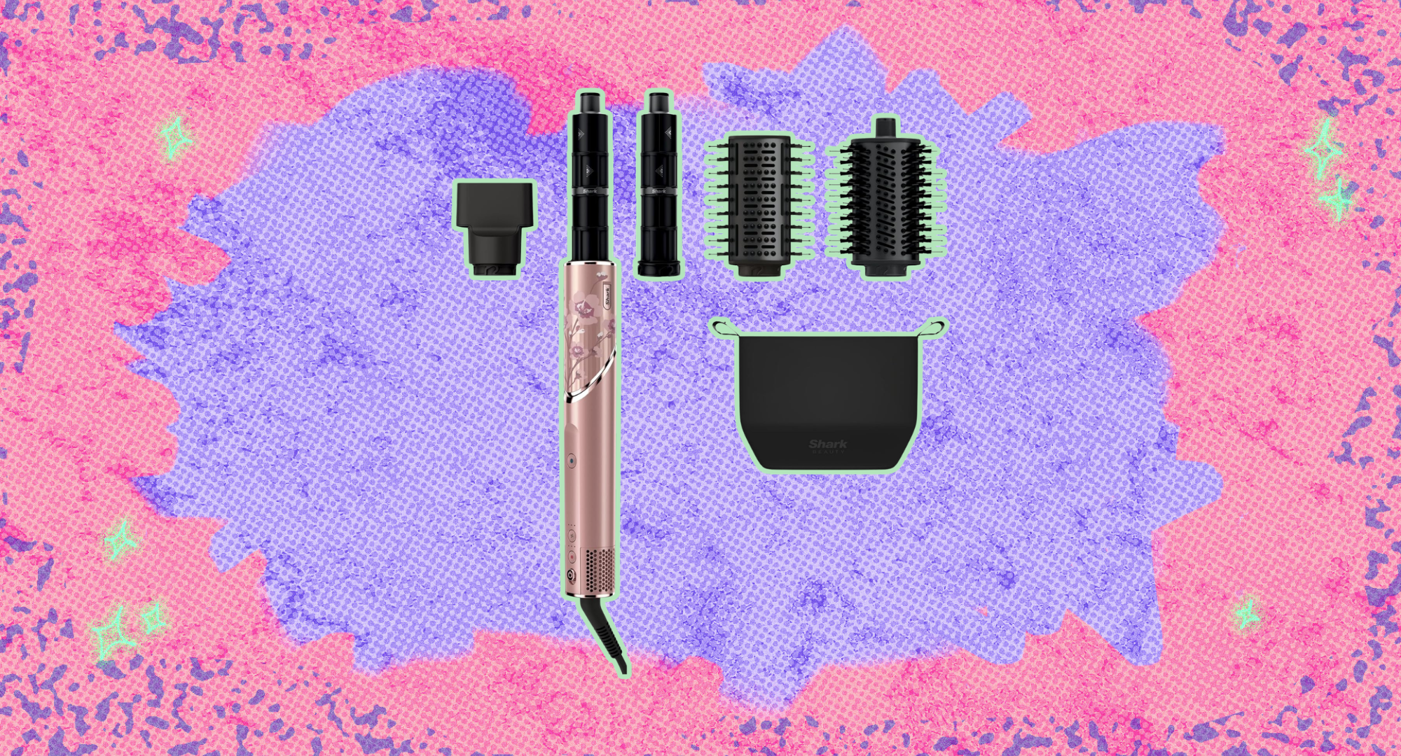 The Shark FlexStyle Air Styling & Drying System against a colorful background. 