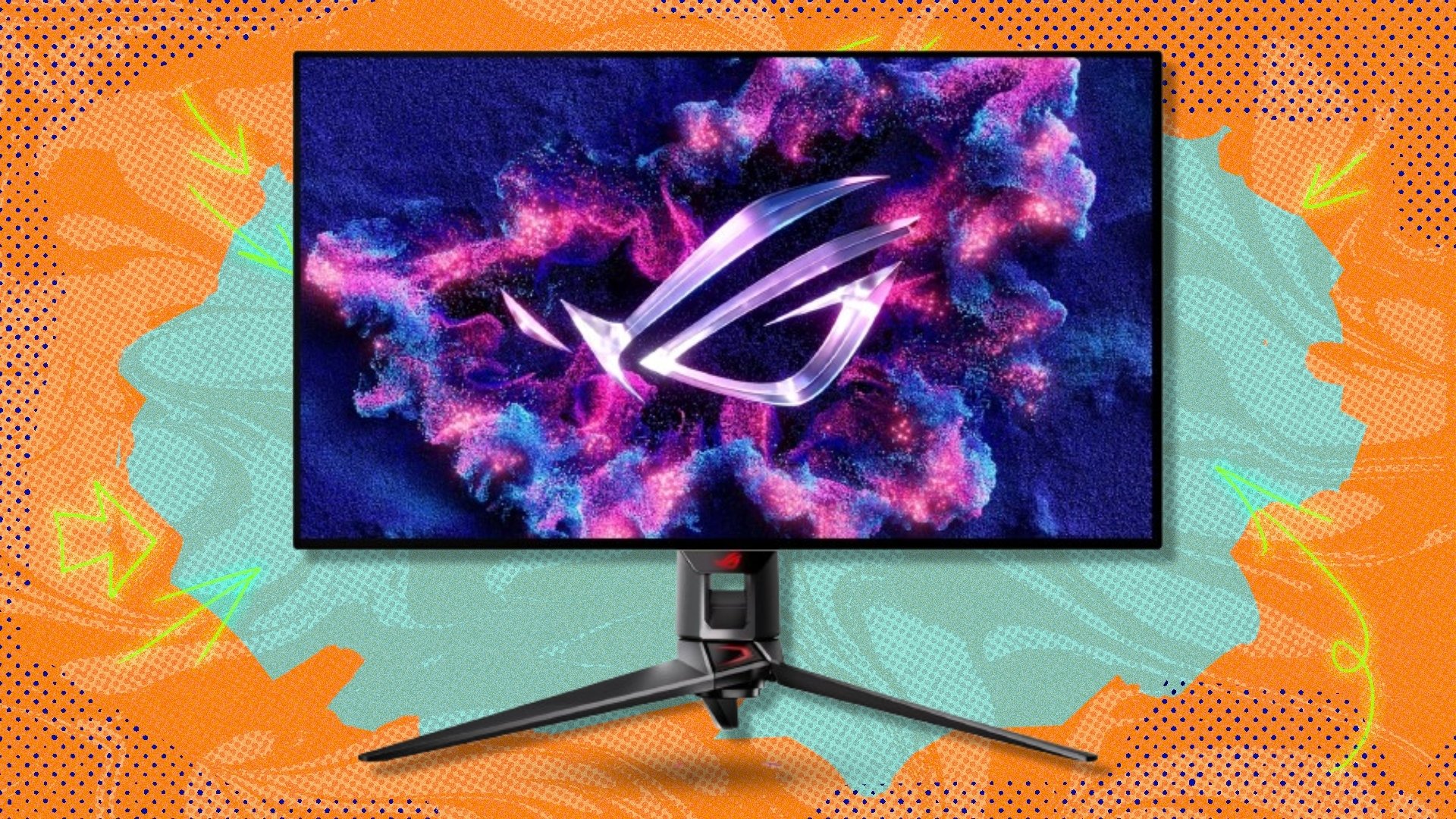 The ASUS ROG Strix 32-inch 4K OLED Gaming Monitor on a green and orange background