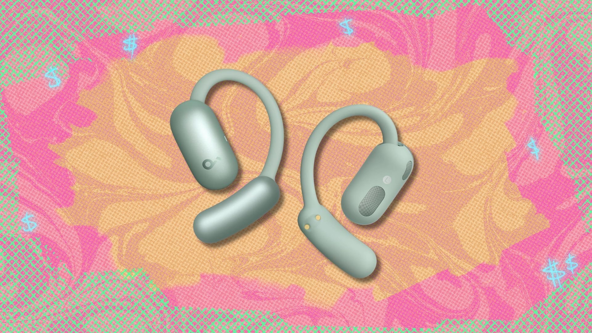 soundcore aerofit 2 by anker earbuds against a yellow, pink, and green patterned background