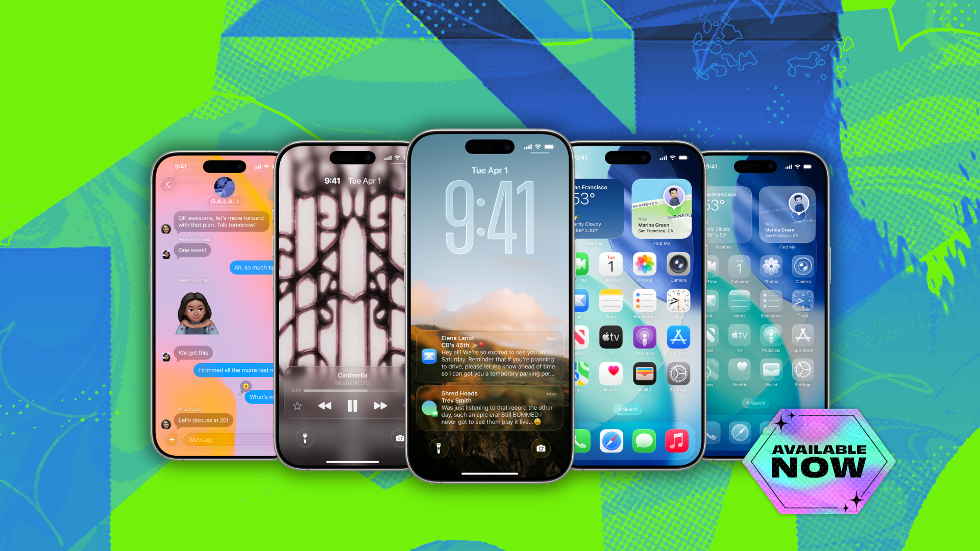 a row of iphones showing liquid glass features and sticker that reads 'available now'