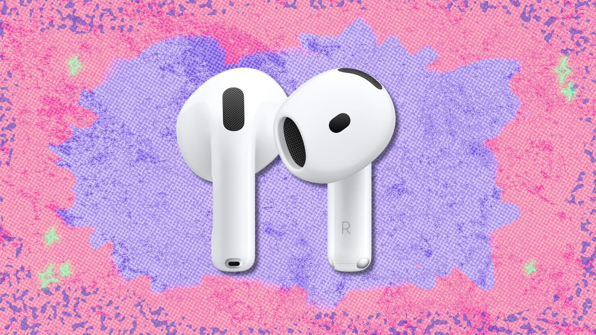 airpods 4 against a pink and purple patterned background