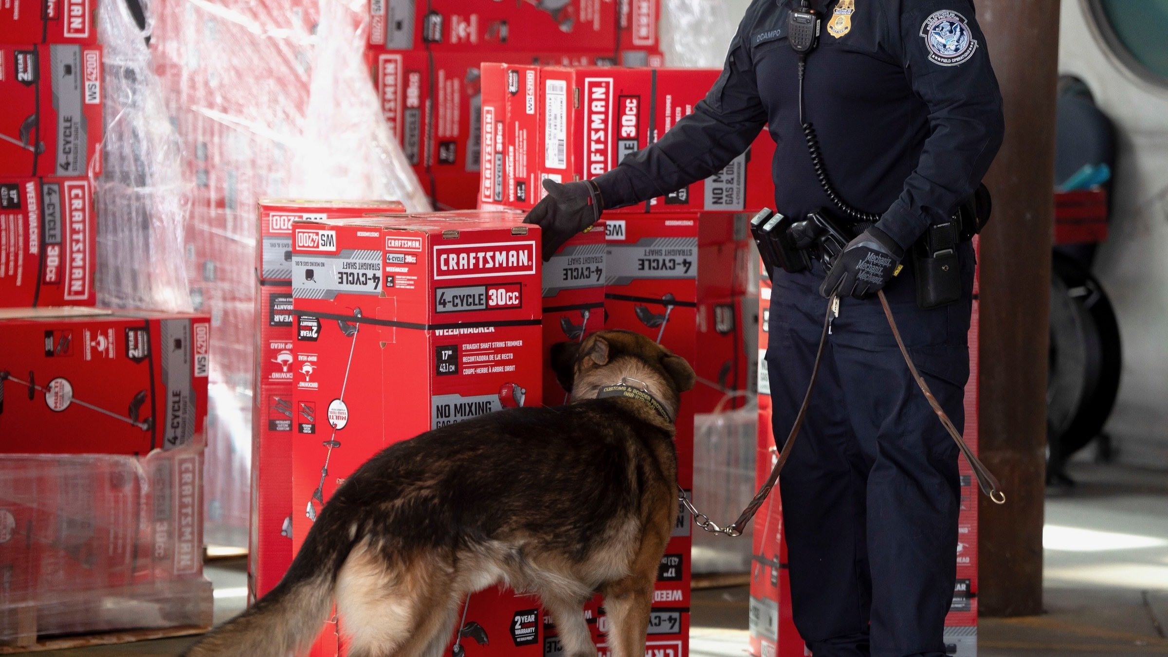 A US Customs and Border Protection agent and their K9 inspect boxes of tools at the U.S.-mexico border