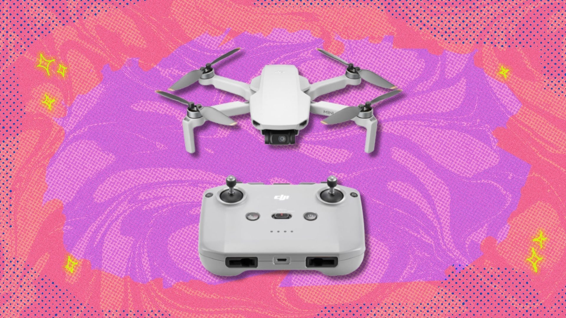 the DJI Mini 4K drone on a pink and coral-colored background