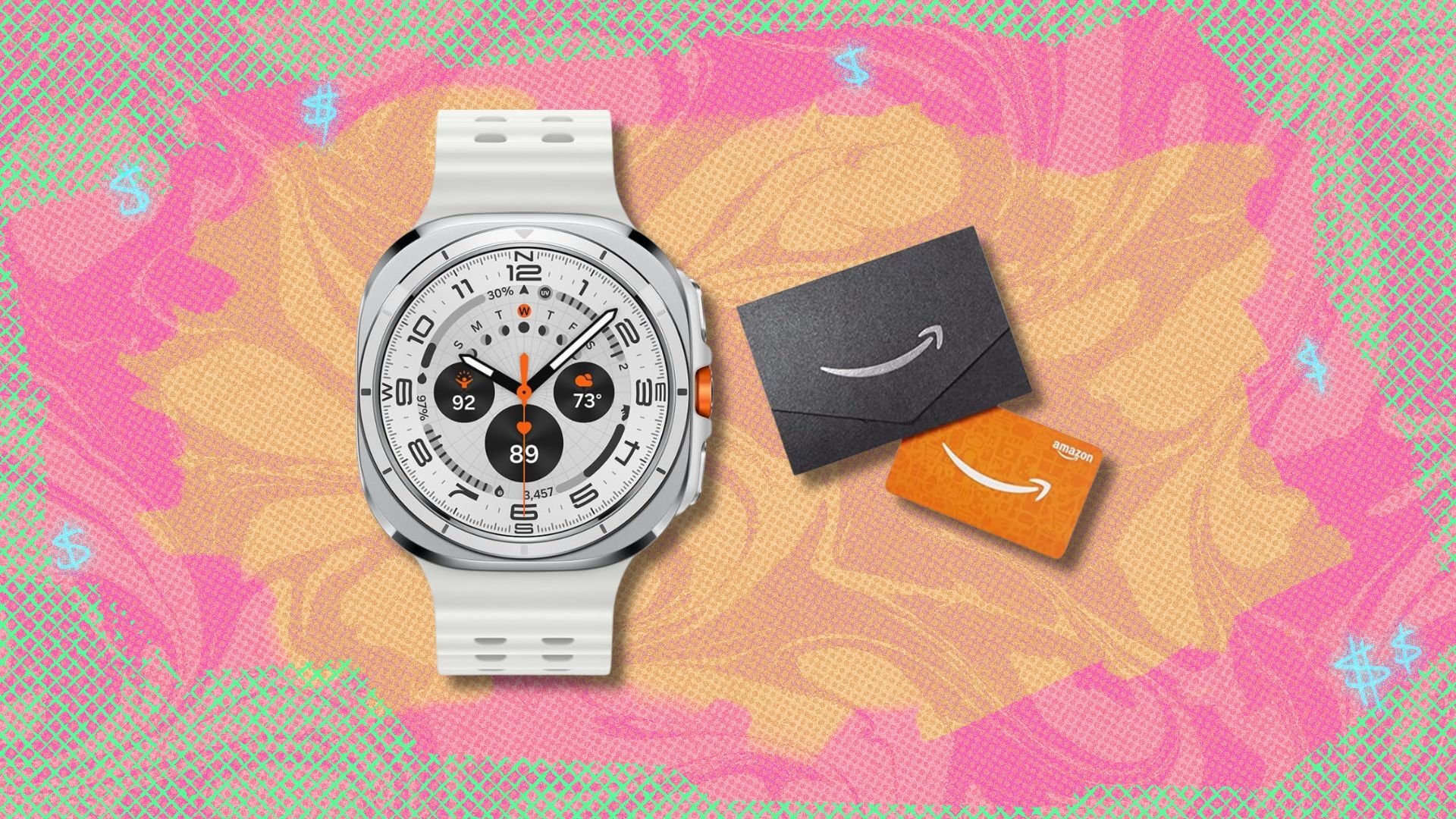 samsung galaxy watch ultra and amazon gift card against a yellow, pink, and green patterned background