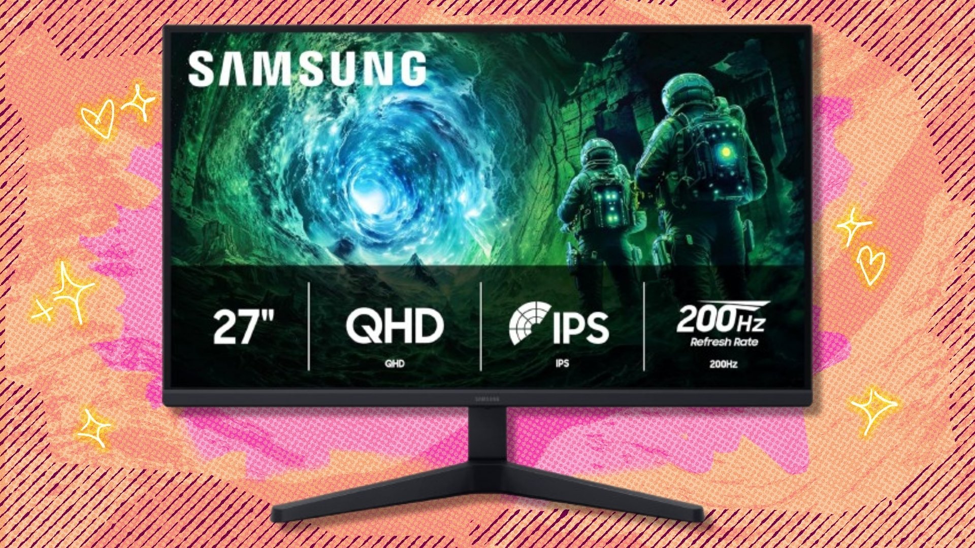 The 27-inch Samsung Odyssey G5 (G53F) gaming monitor on a red and orange background
