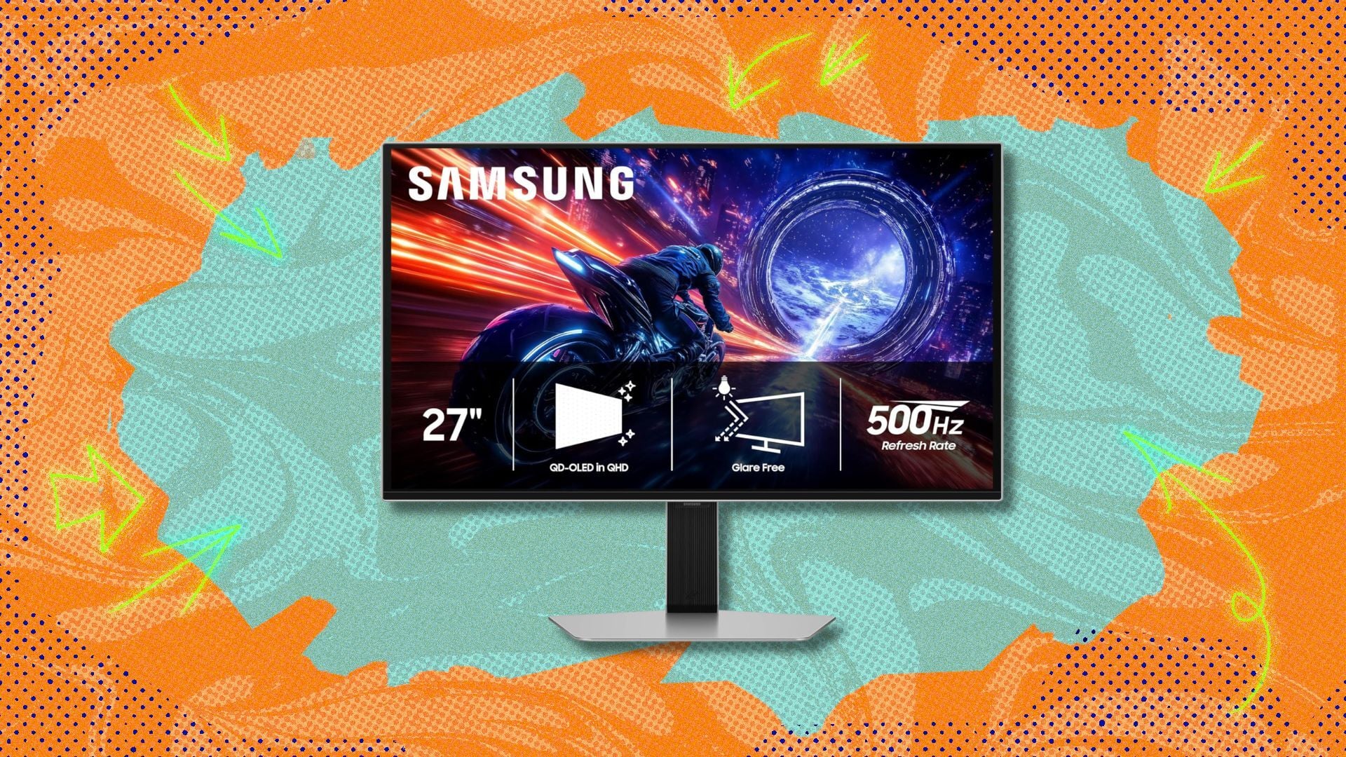 samsung 27-inch odyssey oled g6 gaming monitor against an orange and blue patterned background