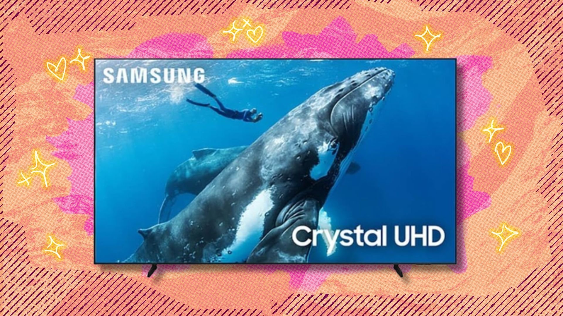 the 98-inch Samsung Crystal UHD 4K TV on a pink and orange background