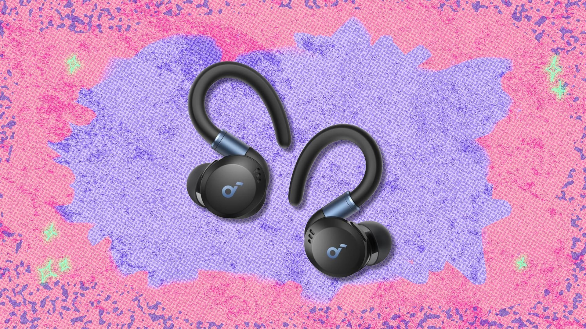 soundcore sport x20 by anker earbuds against a pink and purple patterned background