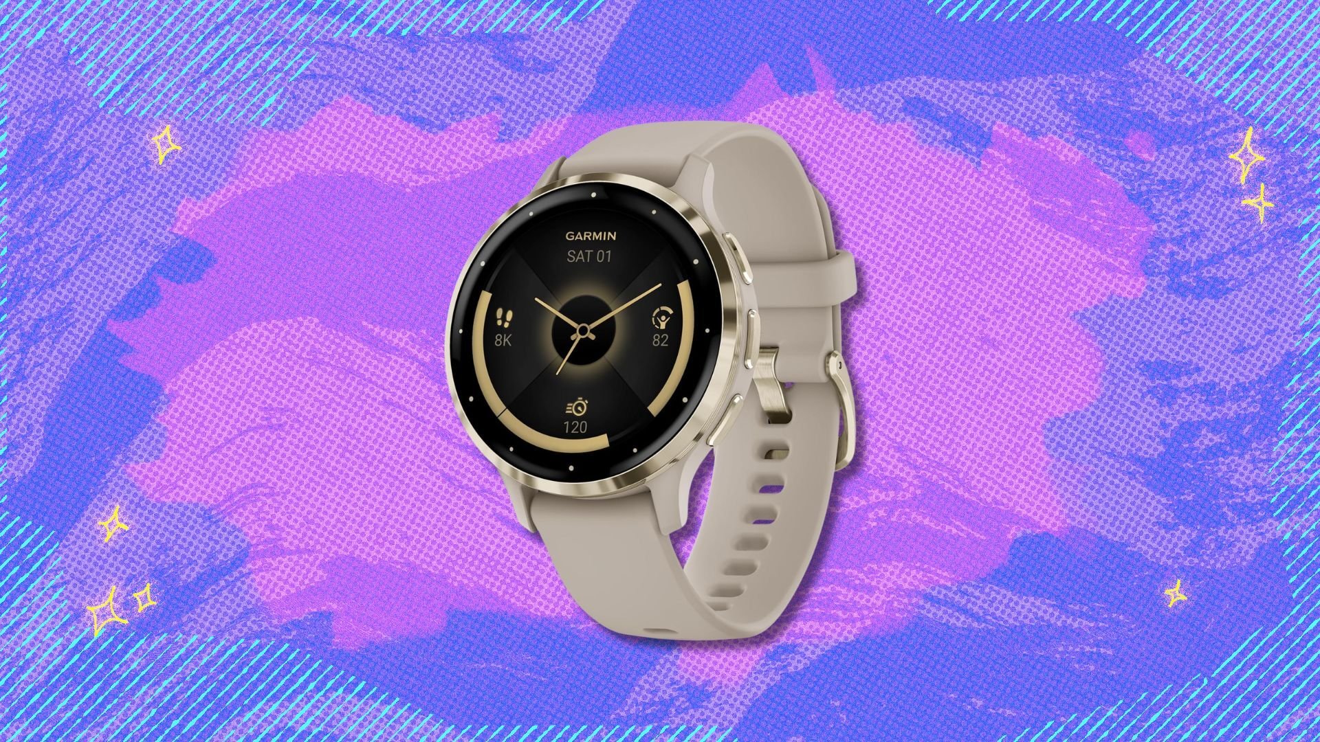 garmin venu 3s smartwatch against a purple patterned background