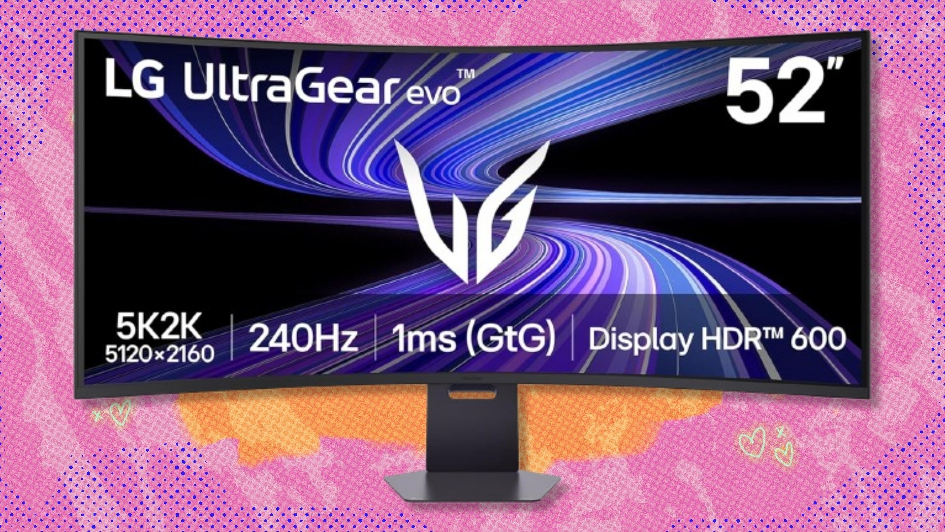 The 52-inch LG UltraGear evo G9 gaming monitor (52G930B) on a red and orange background