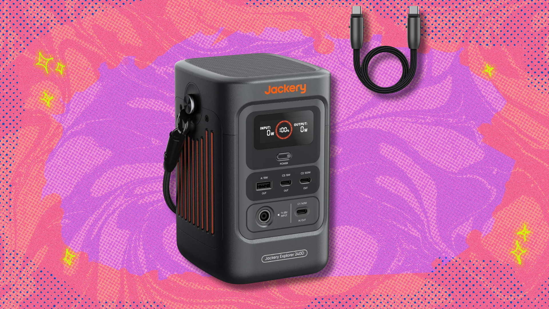 Jackery Explorer 240D Power Bank on pink and purple abstract background