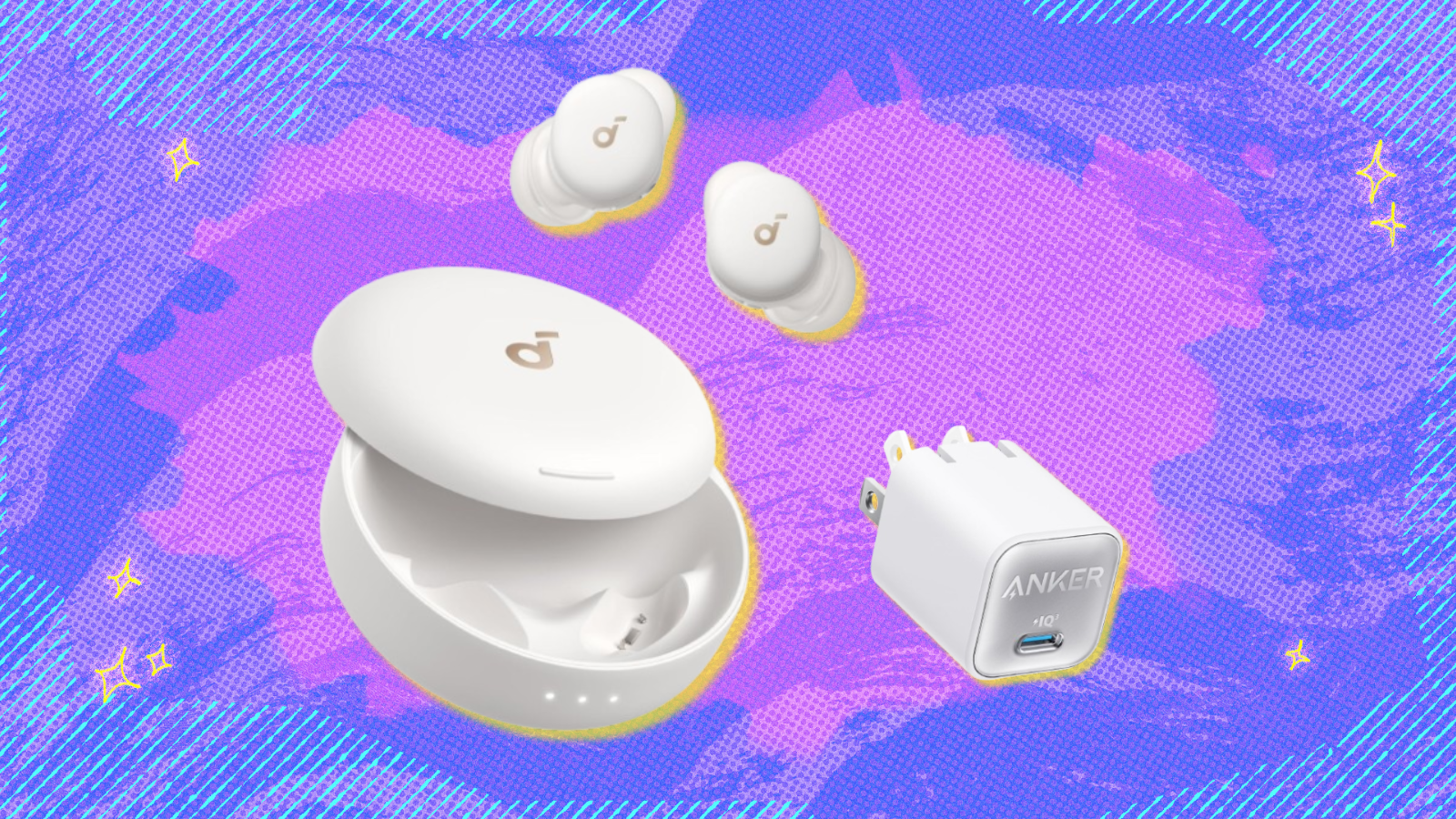 Anker Soundcore Sleep A30 earbuds and charging block with blue and purple background