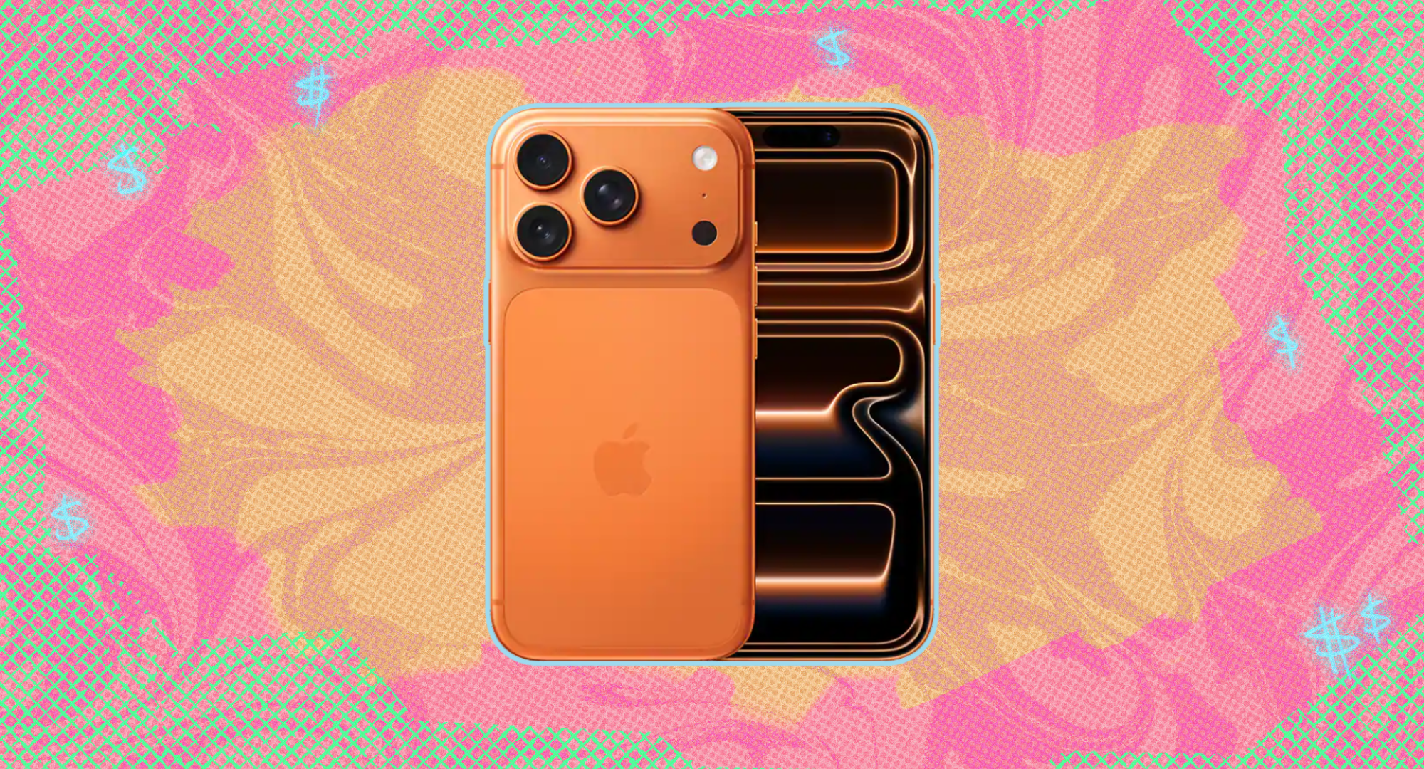 The iPhone 17 Pro against a colorful background. 