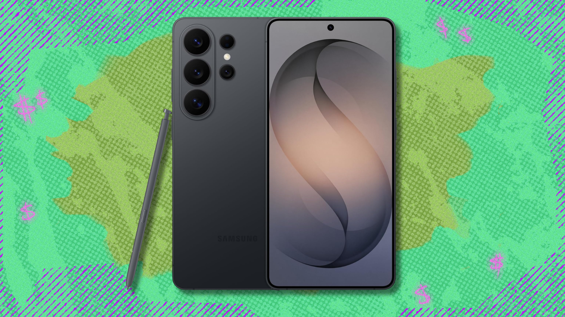 Samsung Galaxy S26 Ultra on lime green abstract background