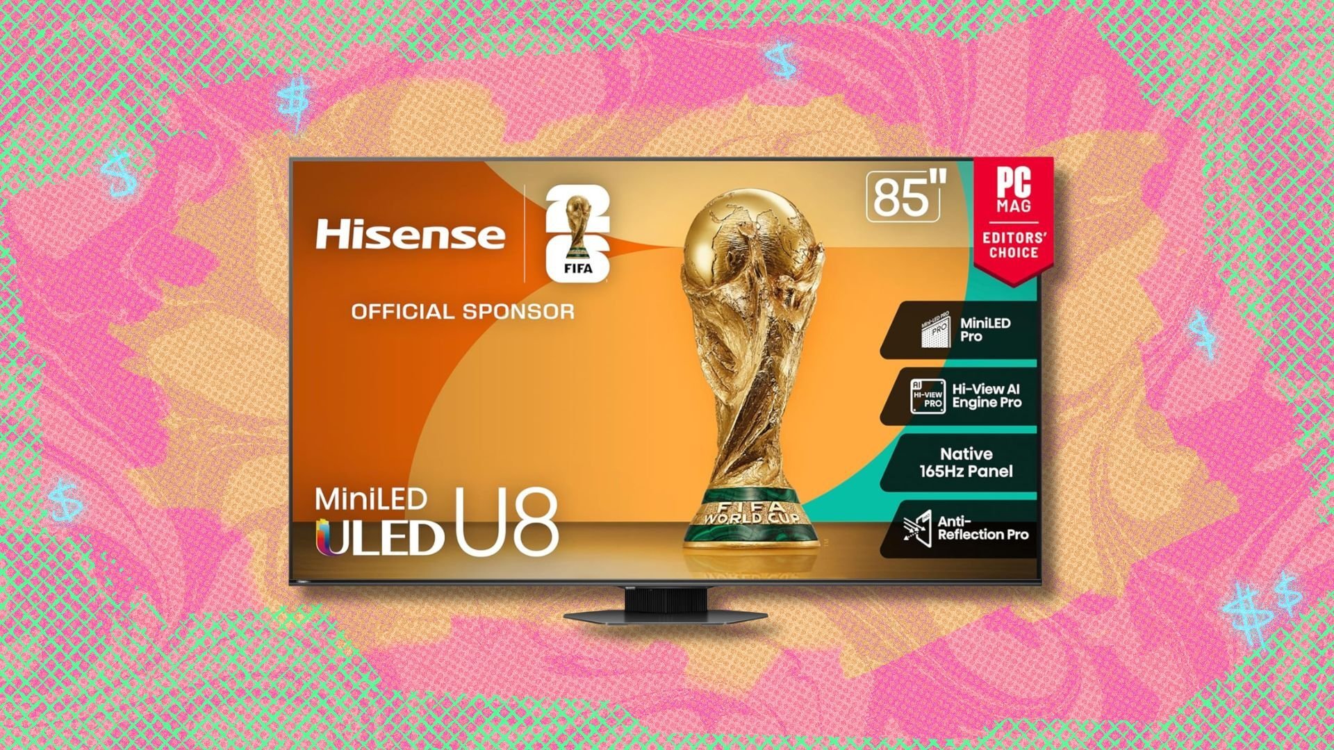 hisense 85-inch class u8 mini-led uled 4k tv against a yellow, pink, and green patterned background