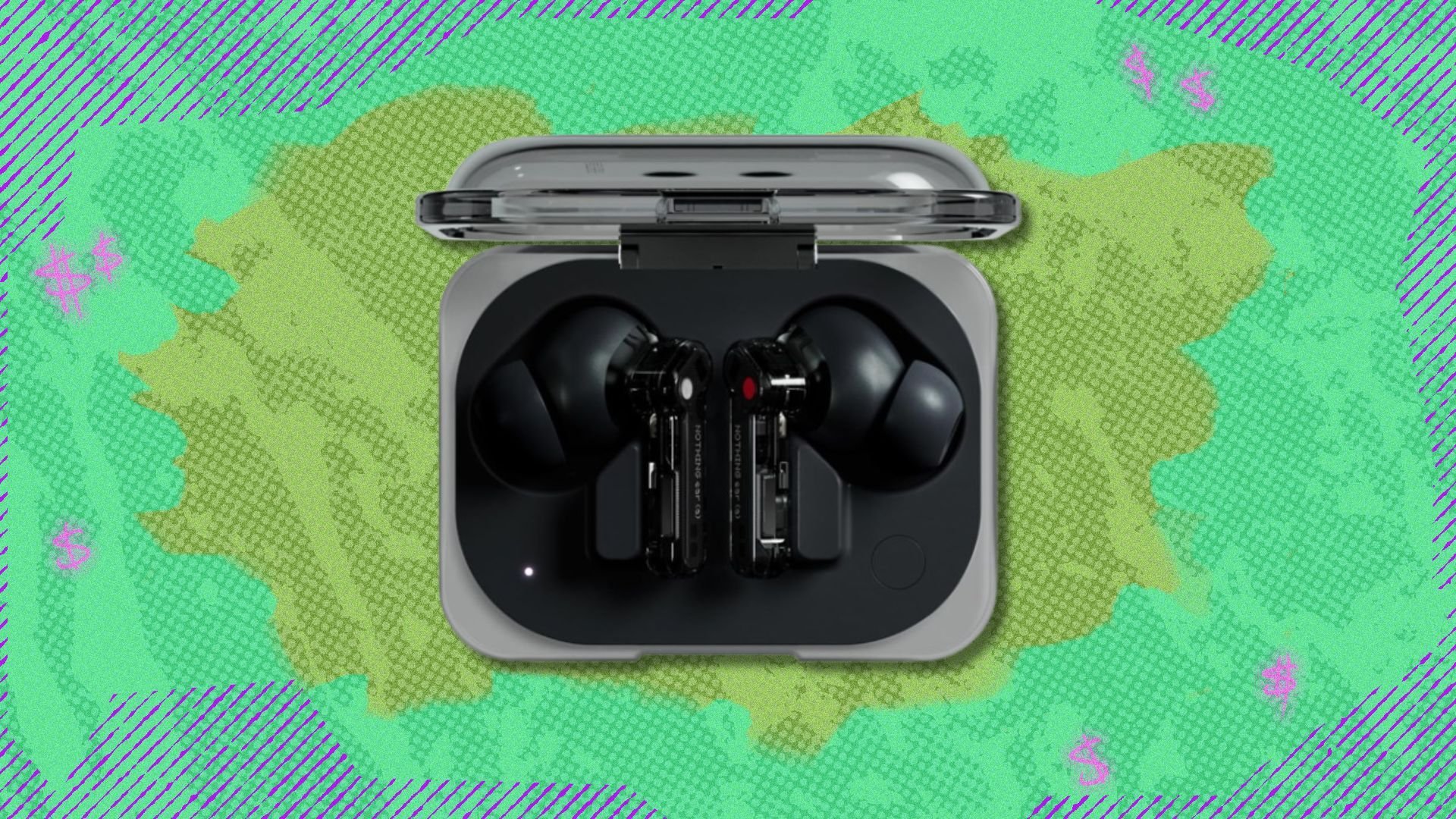 the Nothing Ear (a) wireless earbuds in black on a green background