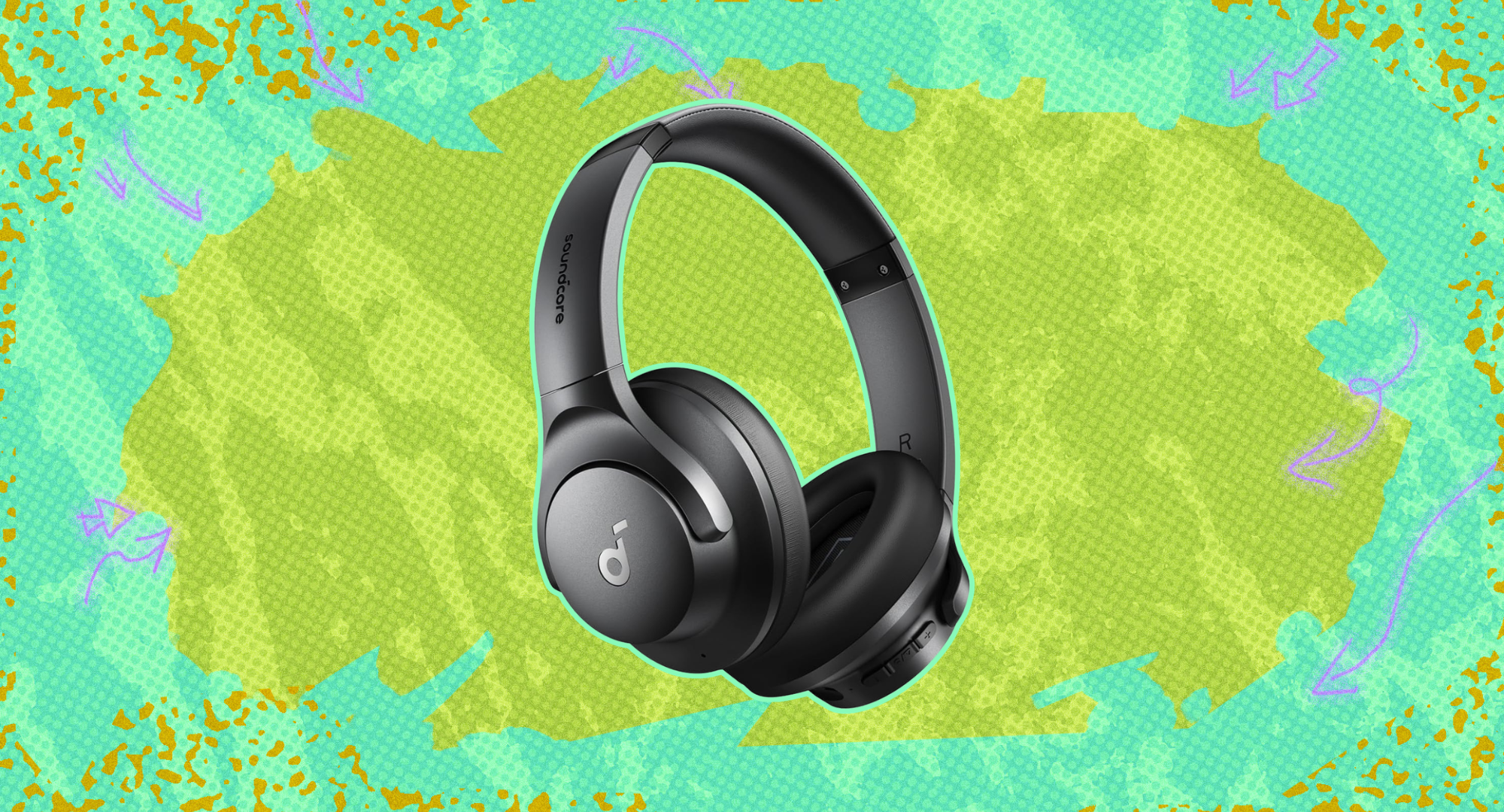 The Soundcore by Anker Q20i active noise canceling headphones against a colorful background.