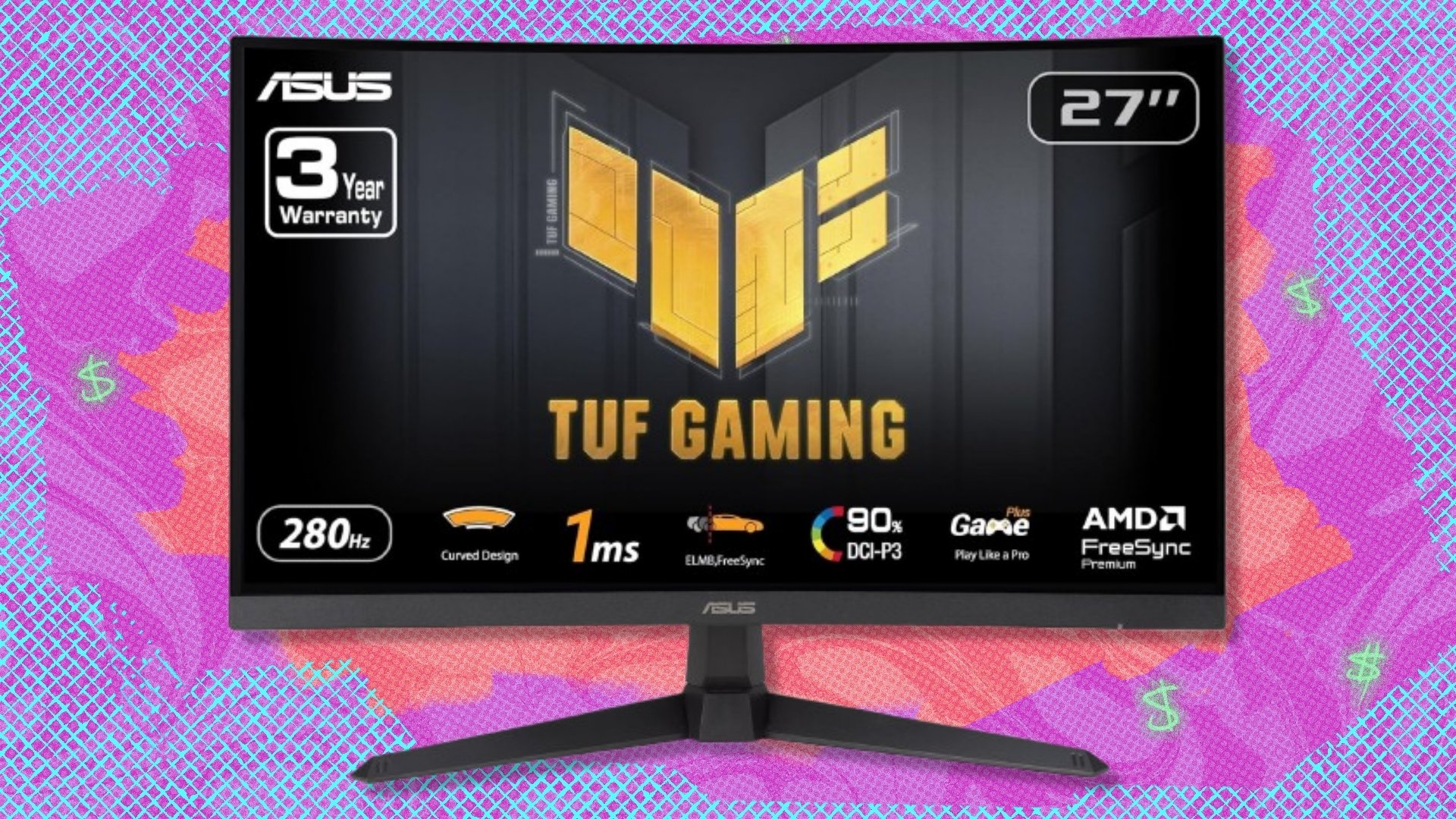 The 27-inch ASUS TUF Gaming 1080P Curved Monitor (VG27VQM1B) on a blue, red, and purple background