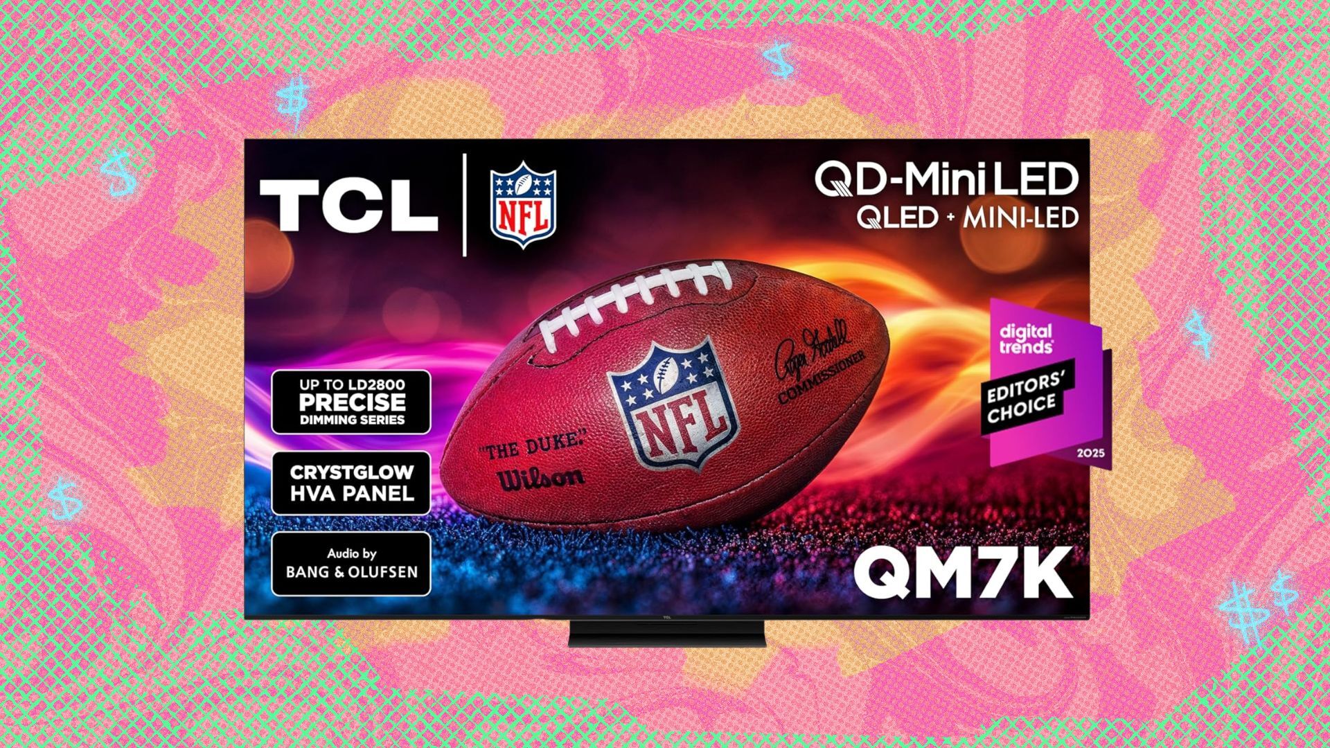 tcl 65-inch class qm7k mini led qled 4k tv against a pink, yellow, and green patterned background