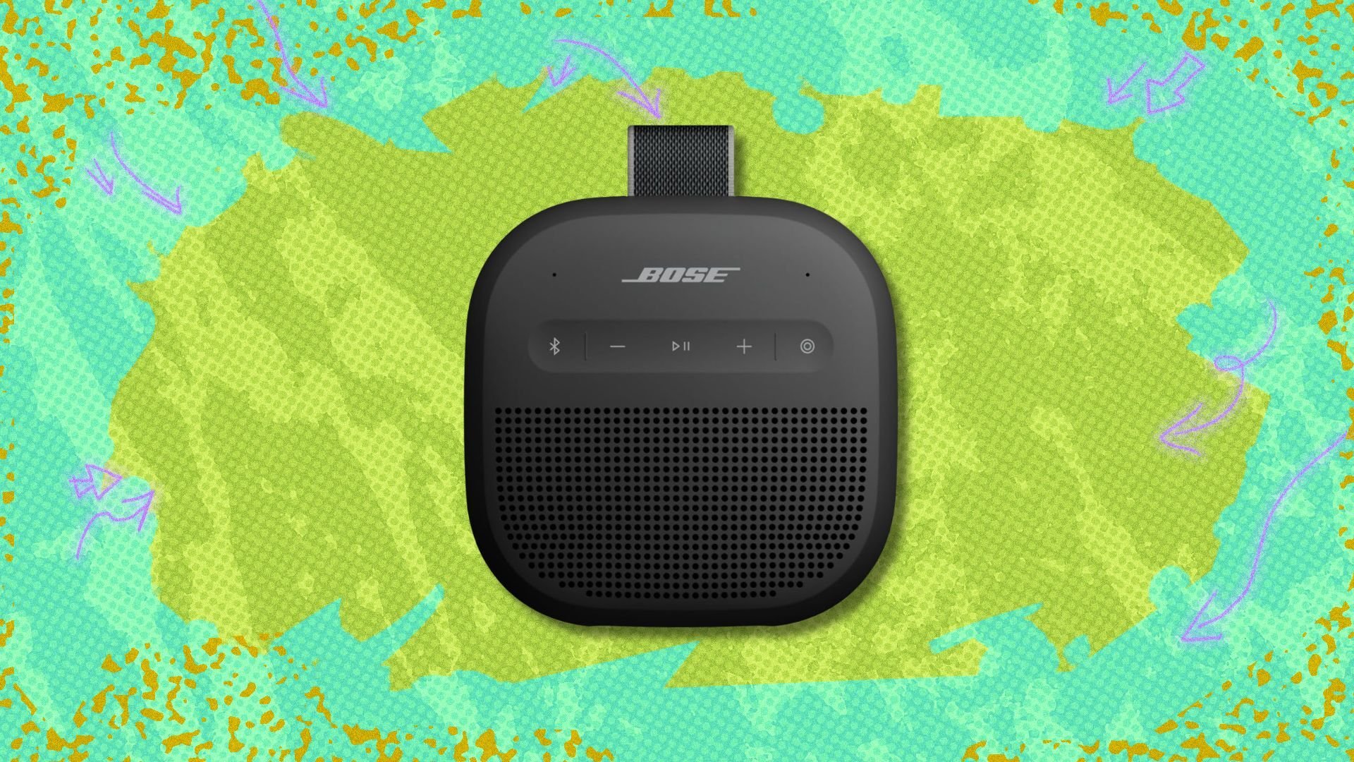bose soundlink micro portable bluetooth speaker (2nd gen) against a green patterned background