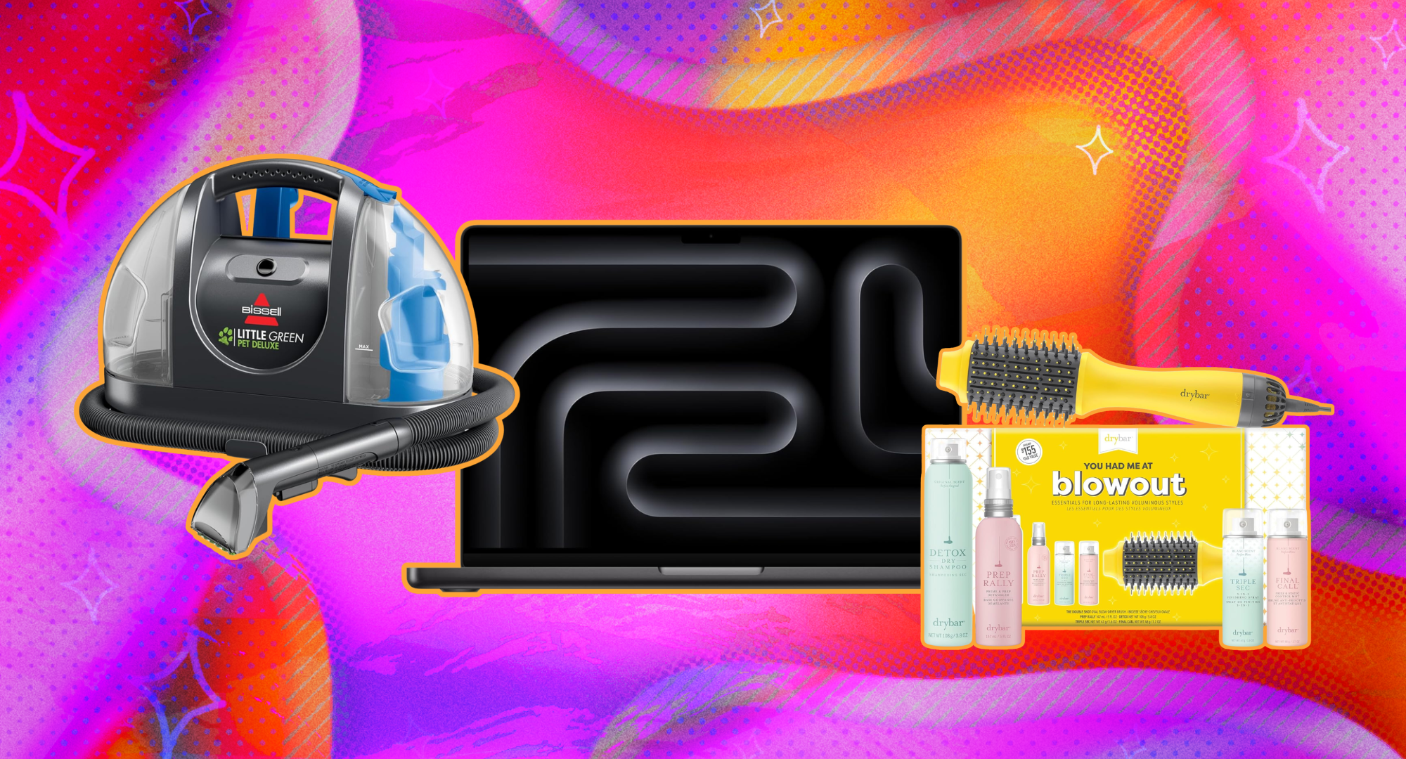 A collage of three products on a vibrant pink and orange patterned background: a black and blue Bissell Little Green Pet Deluxe portable carpet cleaner, an open dark gray Apple MacBook Pro, and a yellow Drybar You Had Me at Blowout Kit featuring a blow dryer brush and hair products.