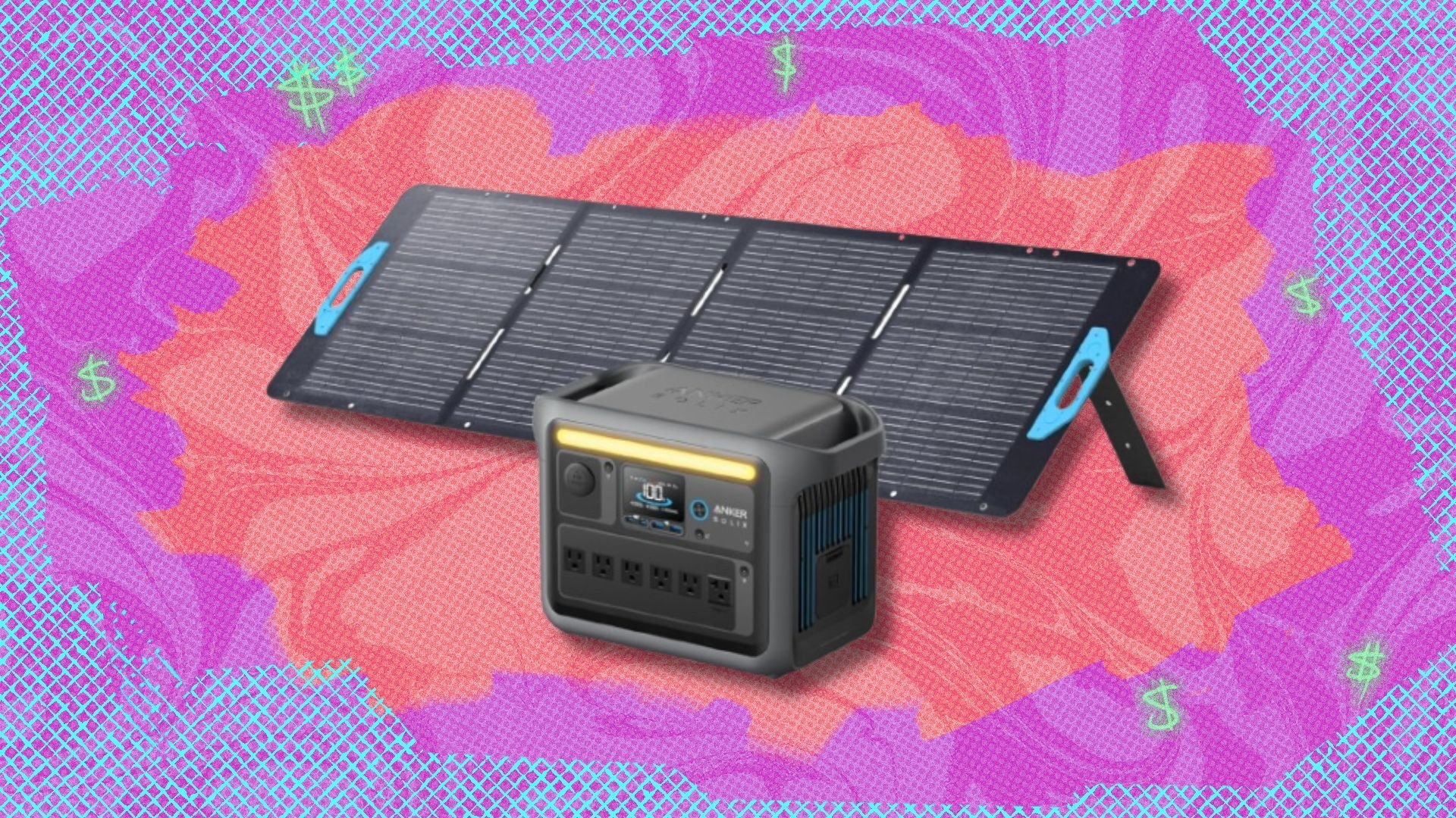 the anker solix c1000 with a 200W solar panel behind it on a pink and coral-colored background
