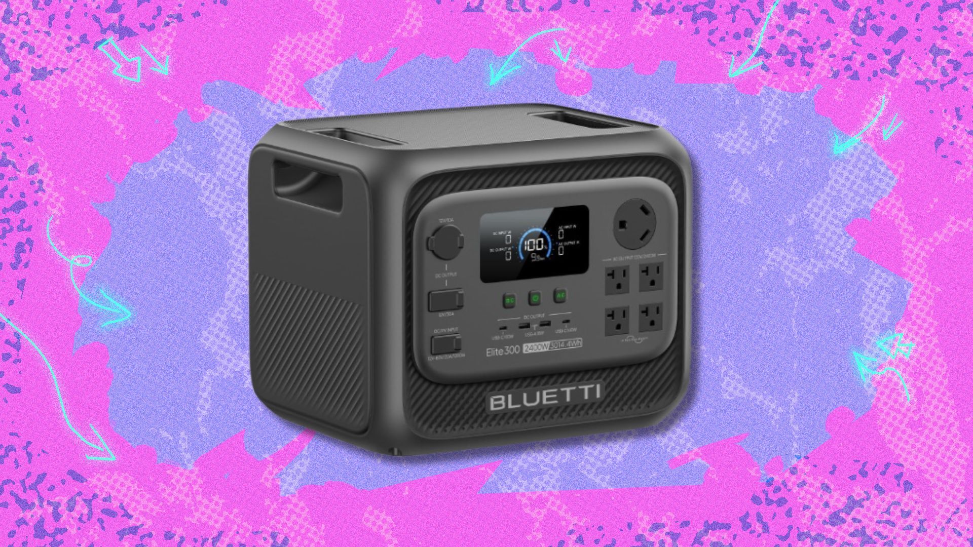 the Bluetti elite 300 power station on a pink and purple background