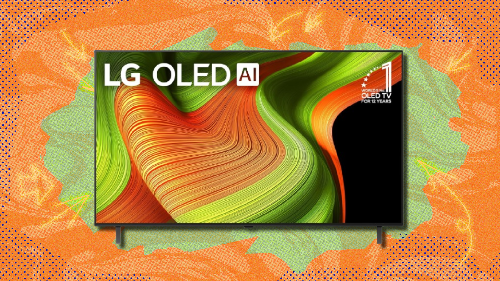 LG B5 OLED TV with orange and green background