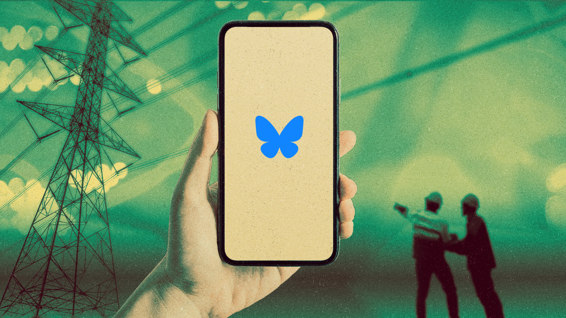 A phone shoes the Bluesky image in front of images of workers assessing power lines.