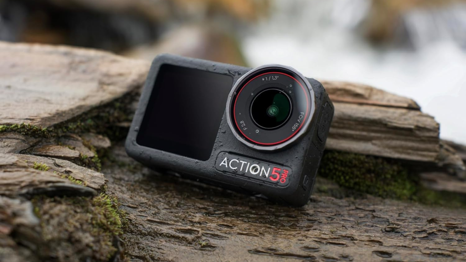 DJI Osmo Action 5 Pro camera outside on rocks