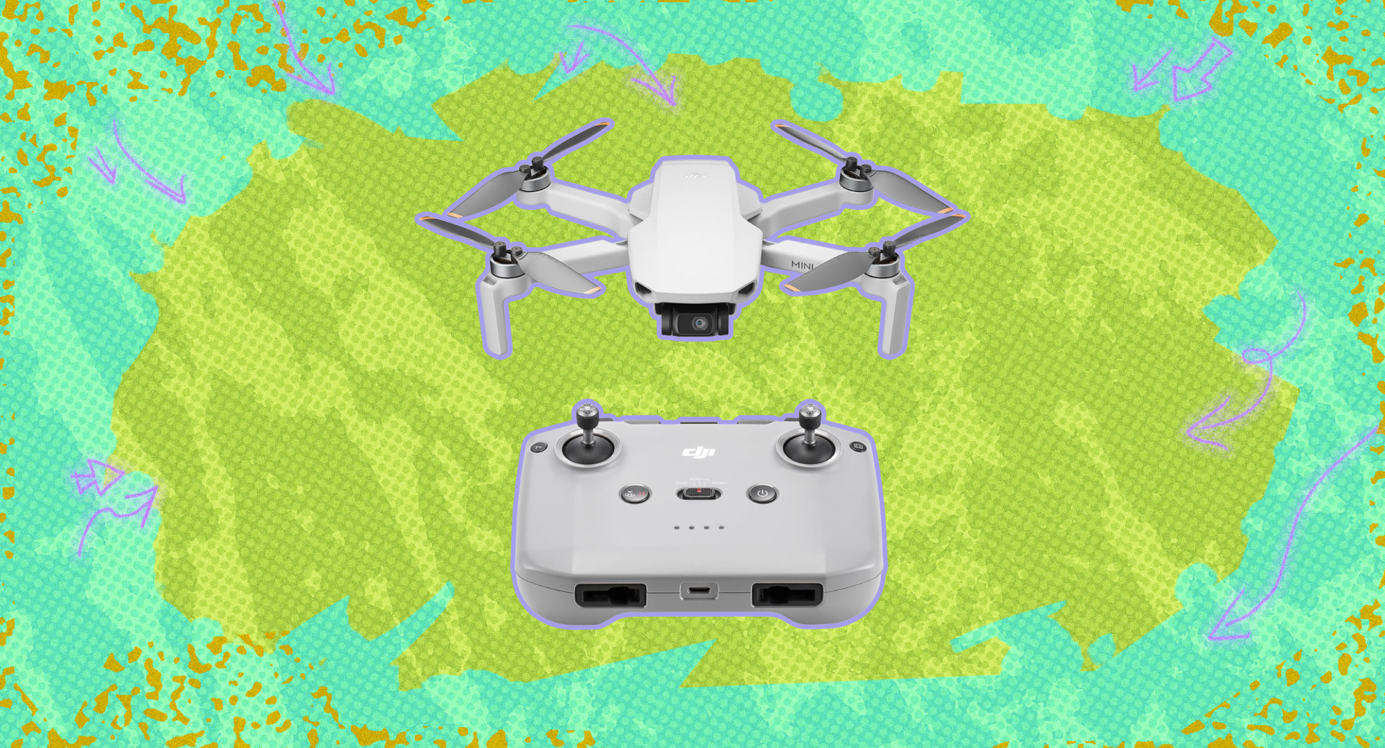 The DJI Mini 4K against a colorful background.
