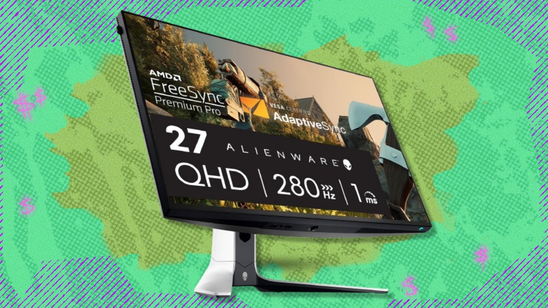 The Alienware AW2723DF 27-inch 280Hz Gaming Monitor on a green and purple background