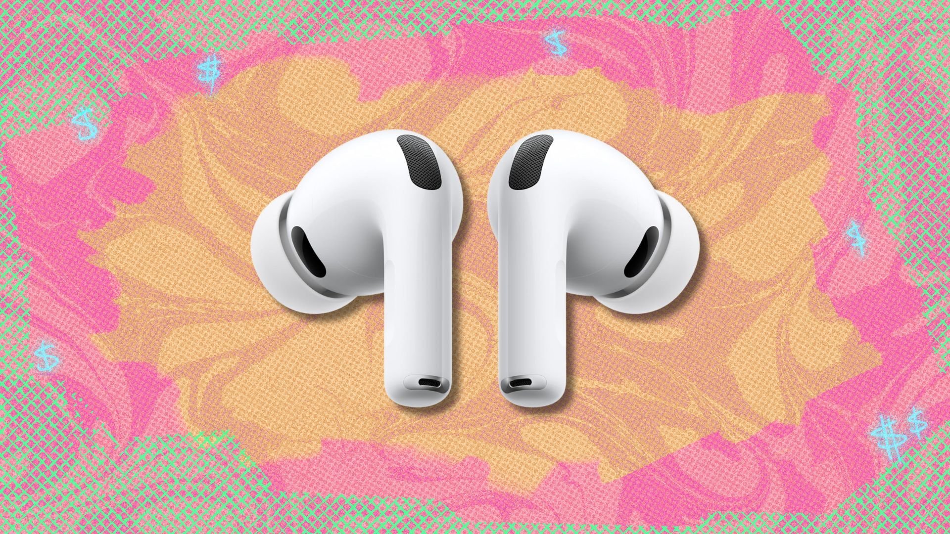 airpods pro 3 against a yellow, pink, and green patterned background