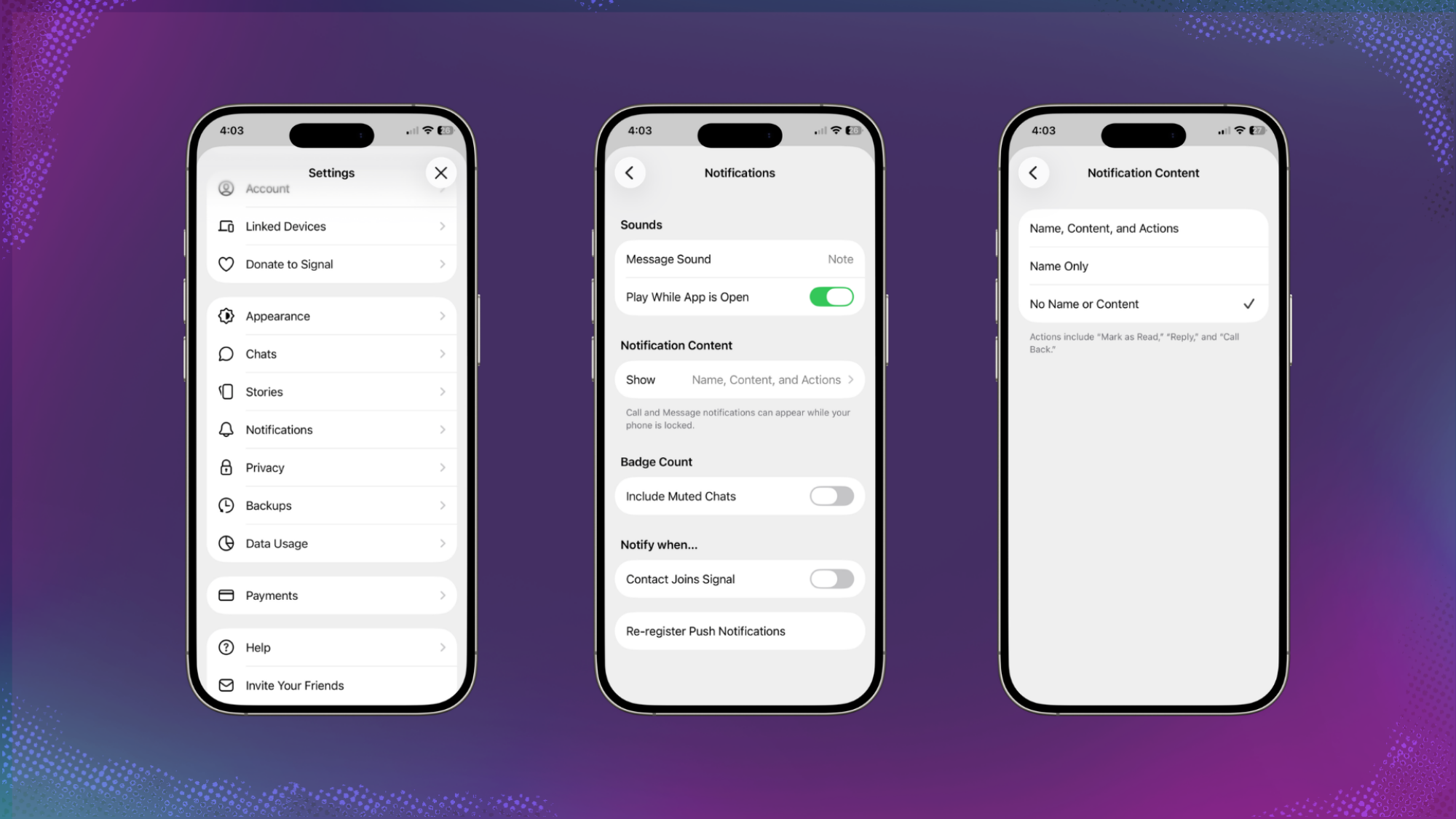 Three phones showing Signal phones.