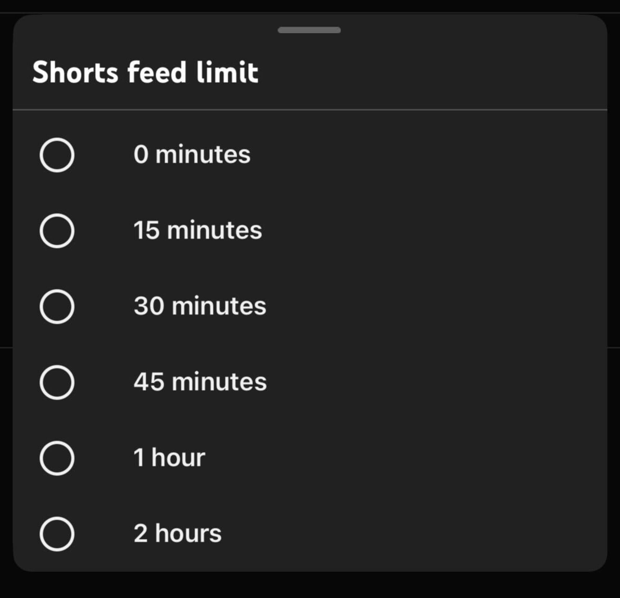 Youtube Shorts minutes limit screen with a 0 minutes option