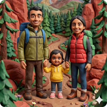 ai-generated claymation image of a family hiking