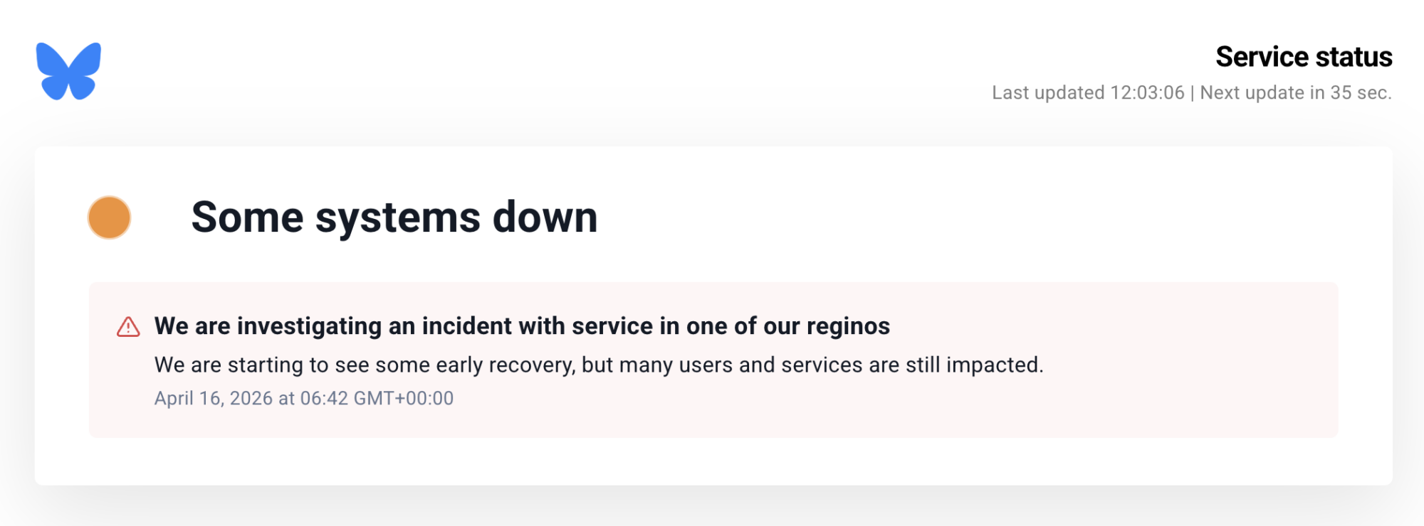 Bluesky's service status page showing "some systems down."