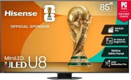 hisense 85-inch class u8 mini-led uled 4k tv against a white background