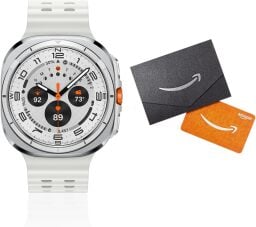 samsung galaxy watch ultra and amazon gift card against a white background