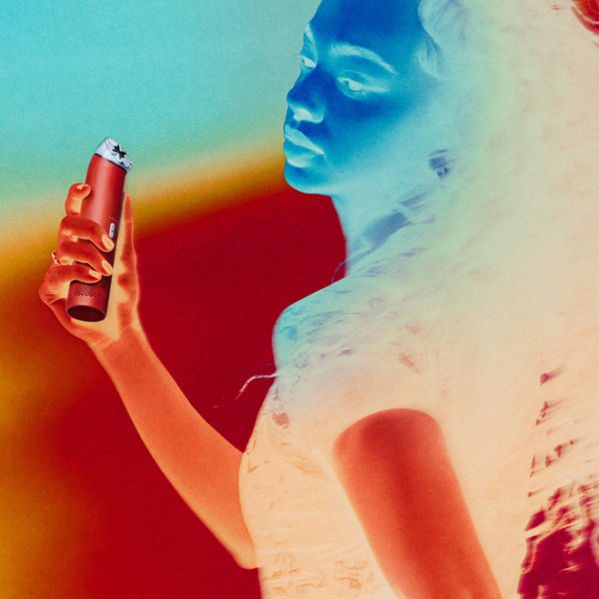 an inverted image of a woman using the dyson hushjet mini cool