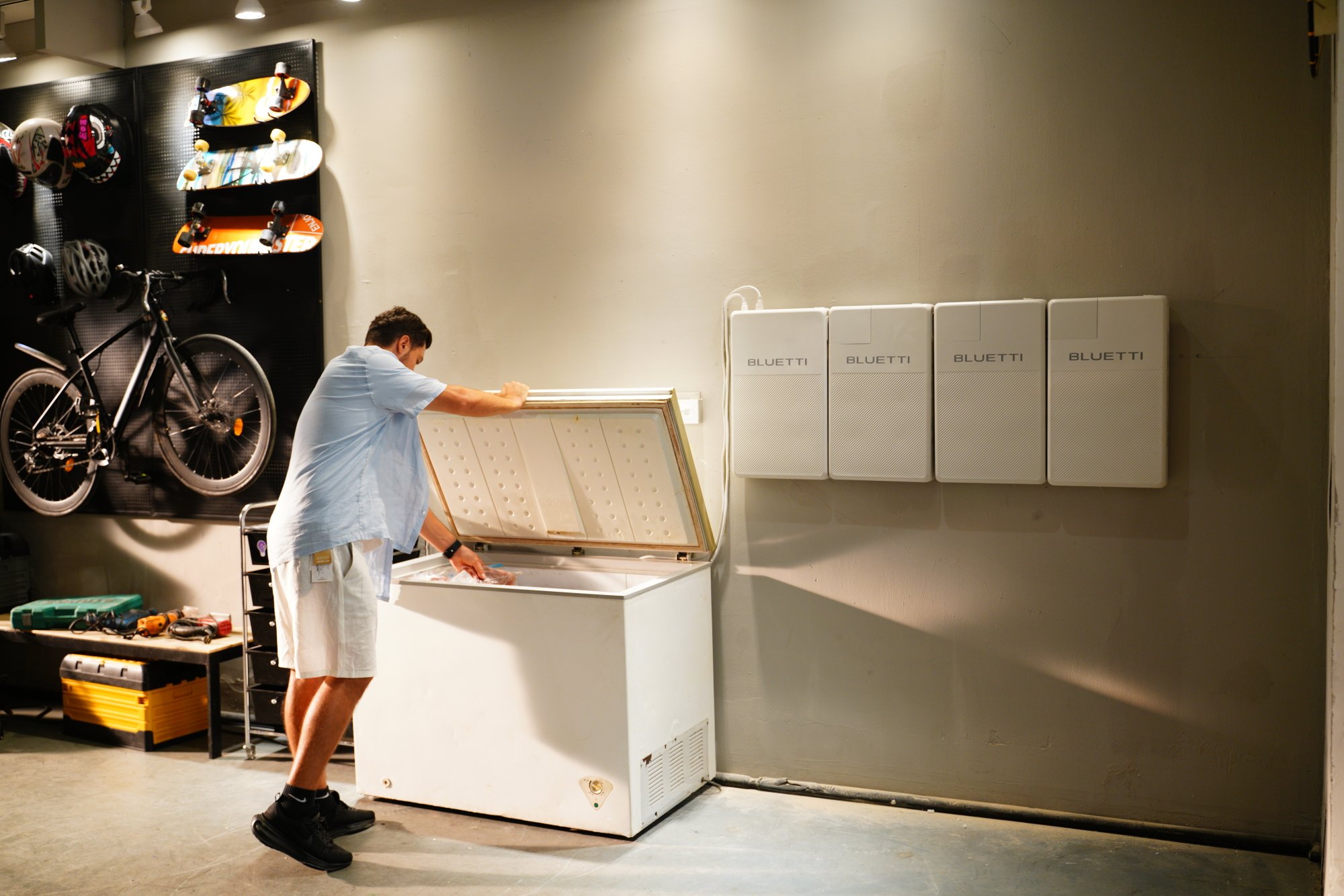 the fridgepower mounted on the wall to power a chest freezer