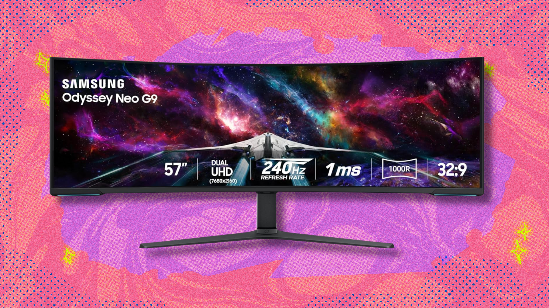 Samsung Odyssey Neo G9 on pink and purple abstract background